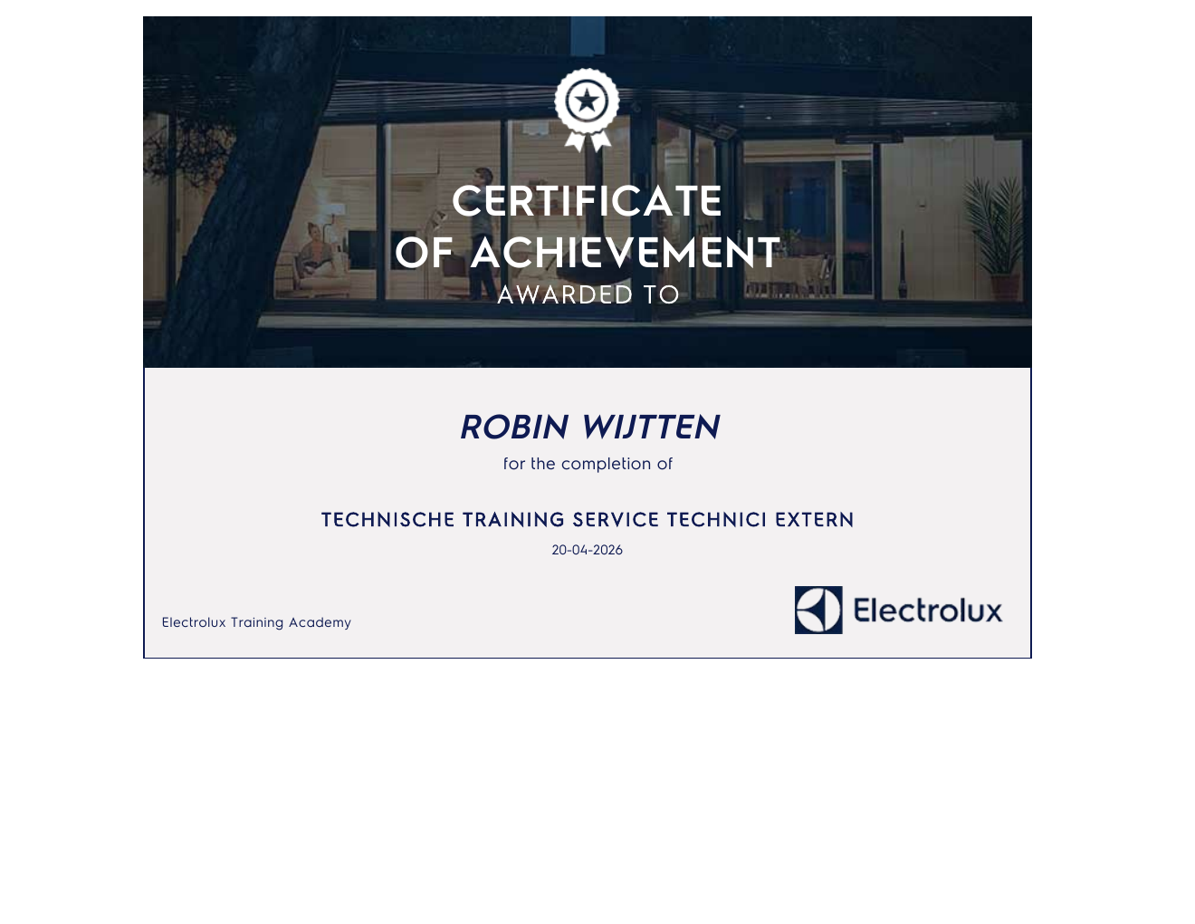 Electrolux Training Academy certificaat Technische Training Service Technici Extern