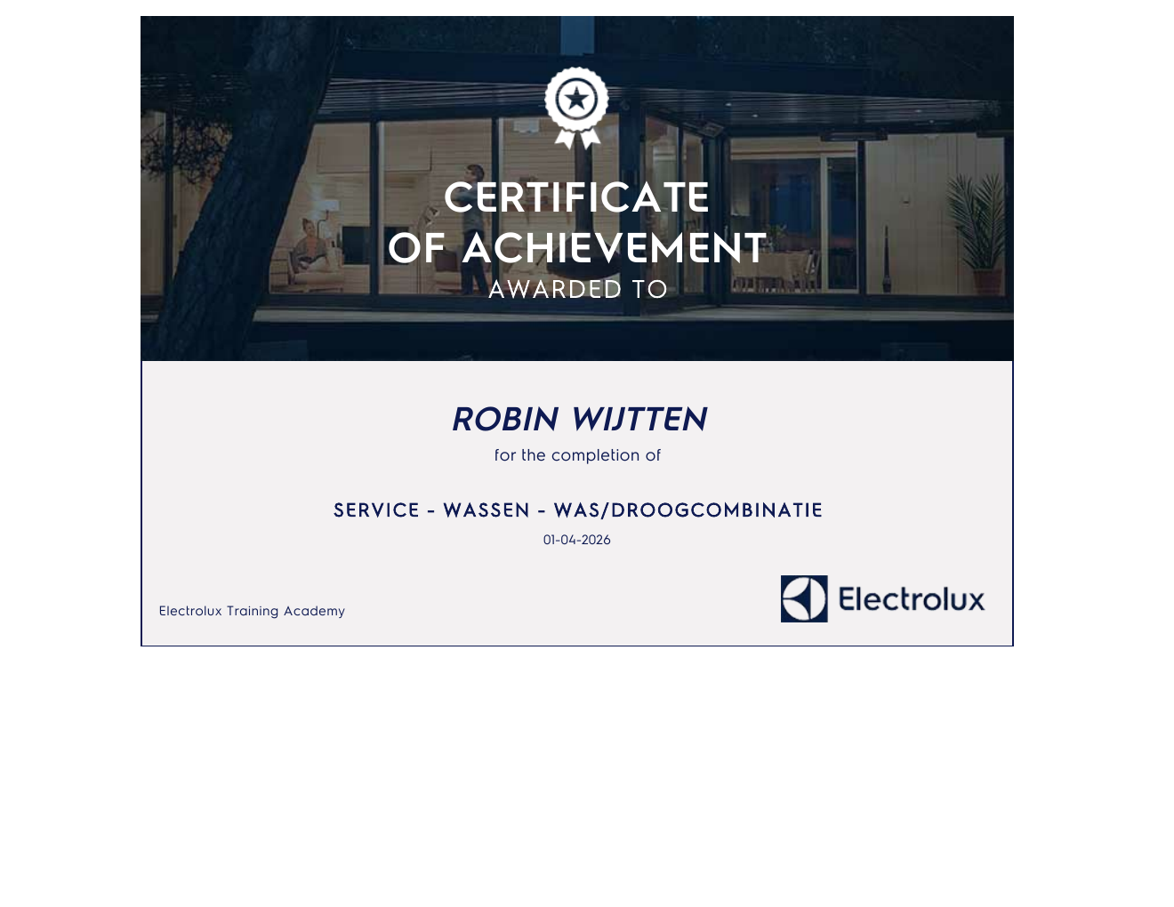 Electrolux Training Academy certificaat Service Wassen Was-droogcombinatie